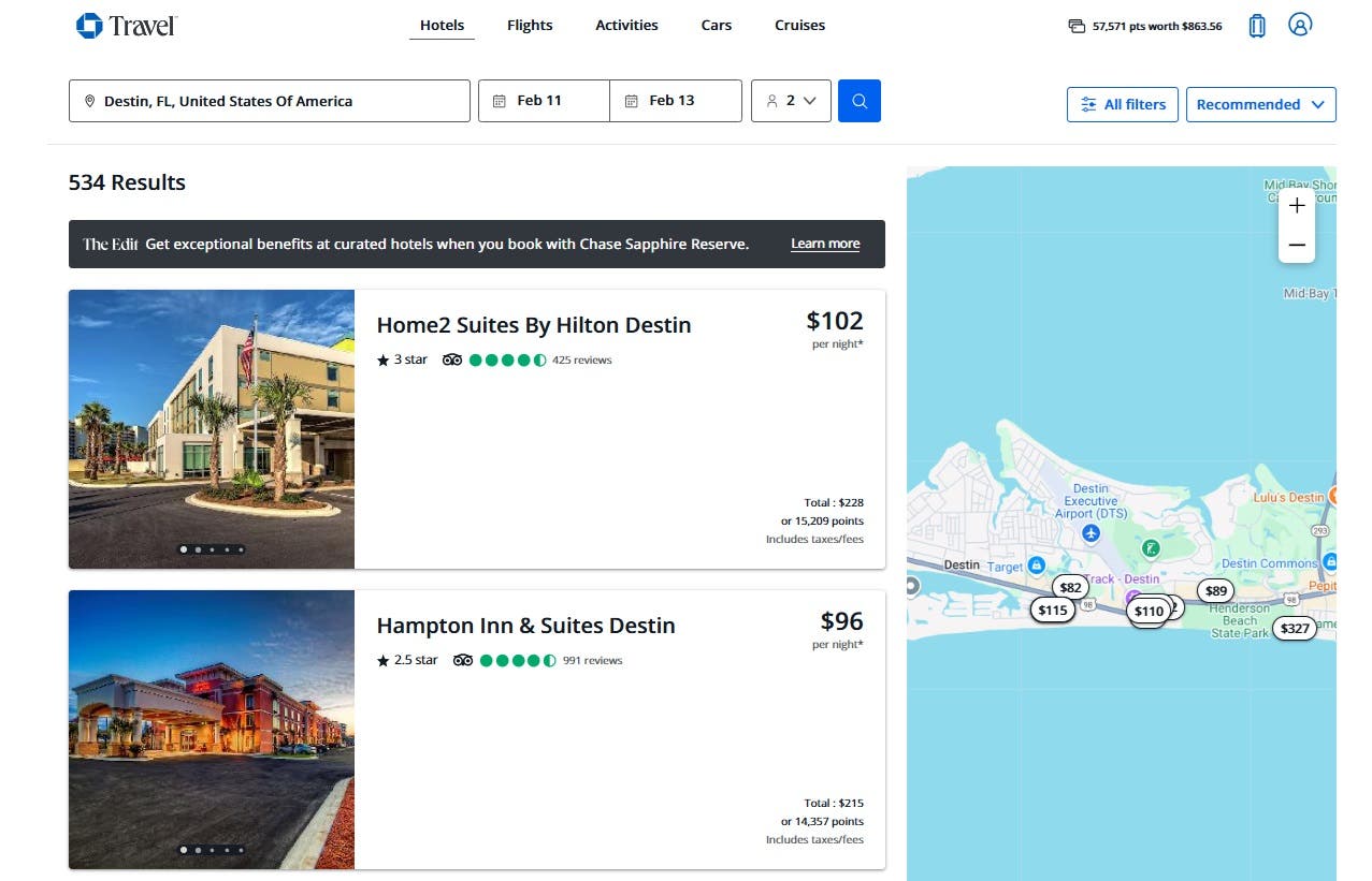 Example of results when searching for a hotel in Chase Travel