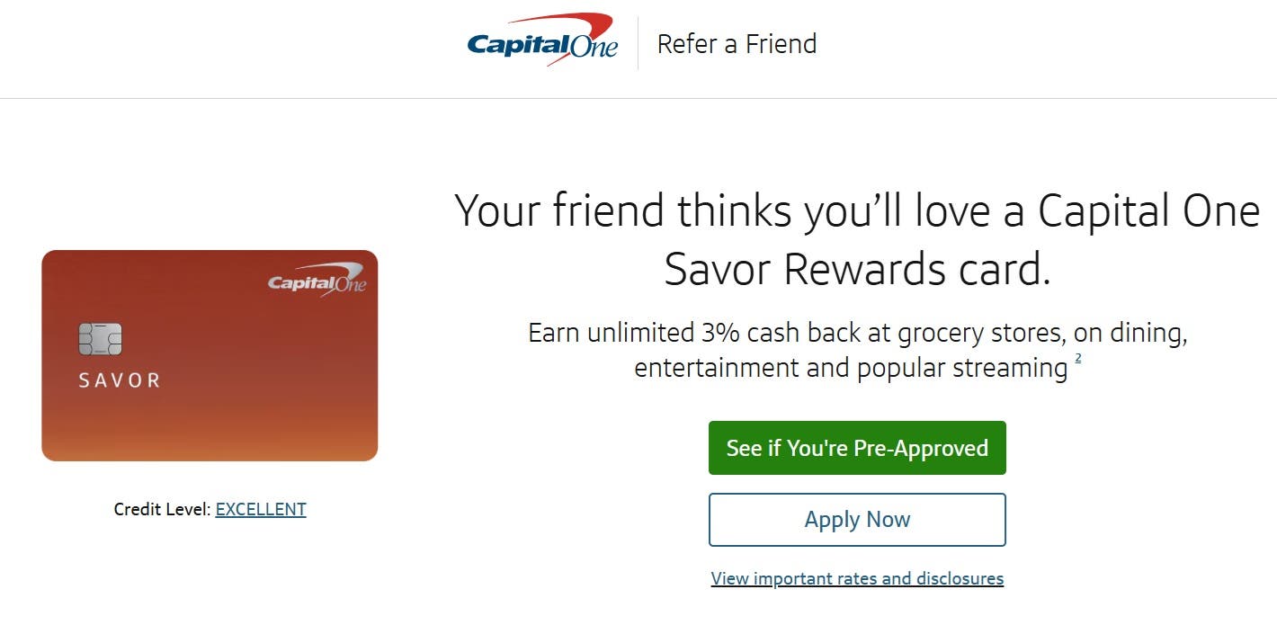 A screenshot of the referral offer for the Capital One Savor Rewards card on the Capital One site